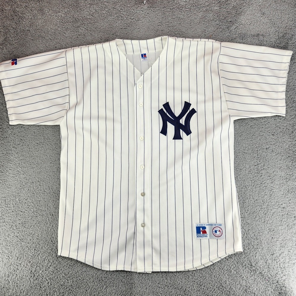 Vintage 90s New York Yankees Russell Athletic Pinstripe Jersey Mens XXL White